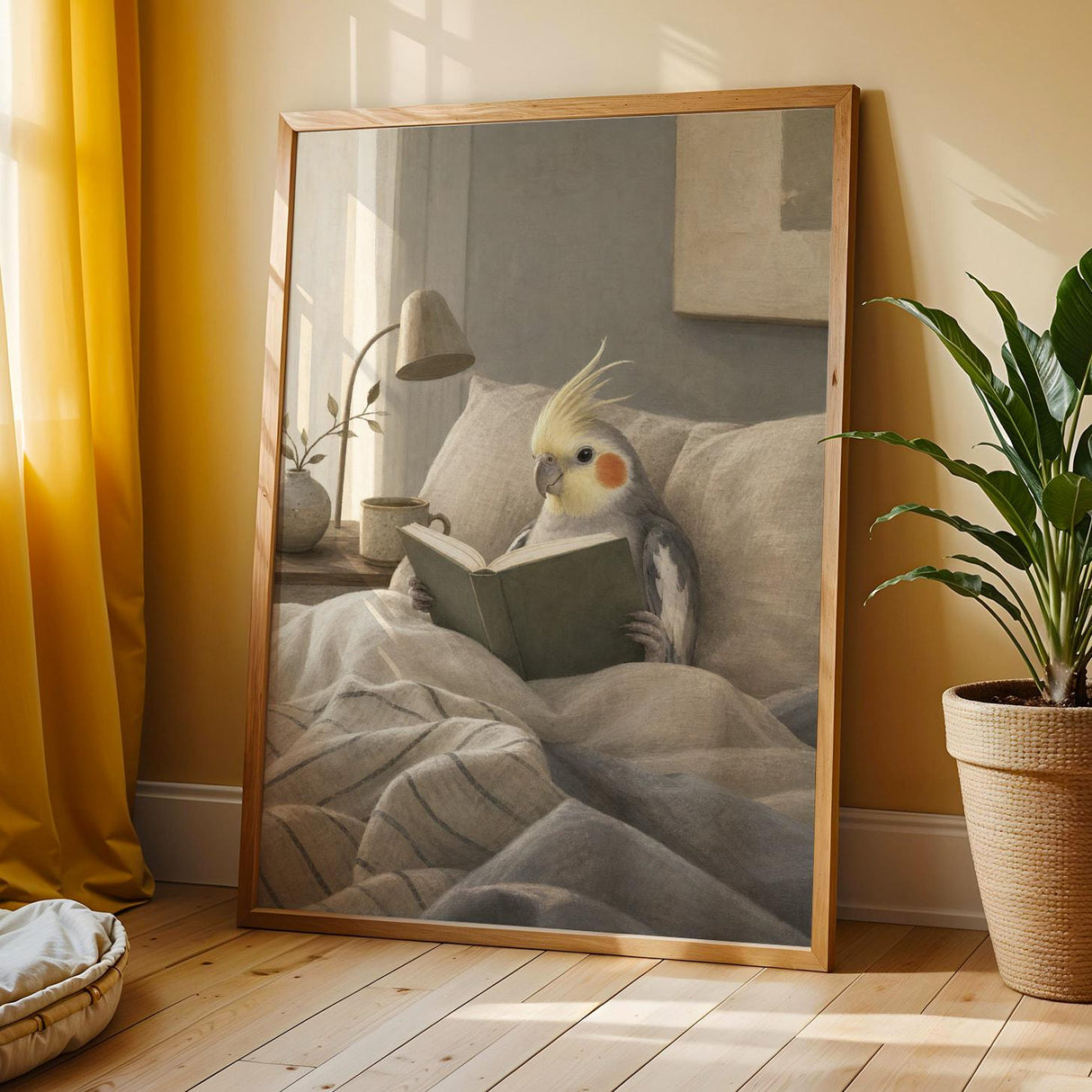 Cockatiel Reading in Bed Poster | Scandinavian Gouache Bird Wall Art | Warm Beige Blue Gray Decor | Cozy Minimalist Bedroom Print