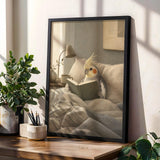 Cockatiel Reading in Bed Poster | Scandinavian Gouache Bird Wall Art | Warm Beige Blue Gray Decor | Cozy Minimalist Bedroom Print