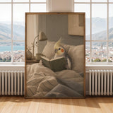 Cockatiel Reading in Bed Poster | Scandinavian Gouache Bird Wall Art | Warm Beige Blue Gray Decor | Cozy Minimalist Bedroom Print