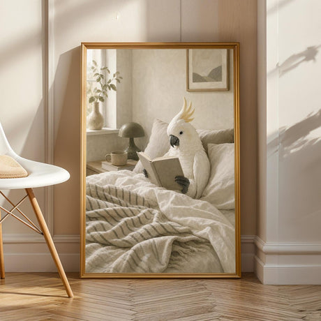 White Cockatoo Reading in Bed Poster | Scandinavian Gouache Bird Wall Art | Warm Beige Oat Milk Decor | Cozy Minimalist Bedroom Print