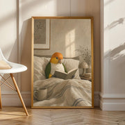 Product view of White Bellied Caique Reading in Bed Poster.