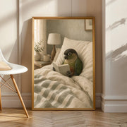Product view of Dusky Conure Reading in Bed Poster.