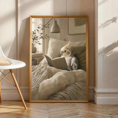 Pied Cockatiel Reading in Bed Poster | Scandinavian Gouache Bird Wall Art | Warm Beige Ivory Decor | Cozy Minimalist Bedroom Print