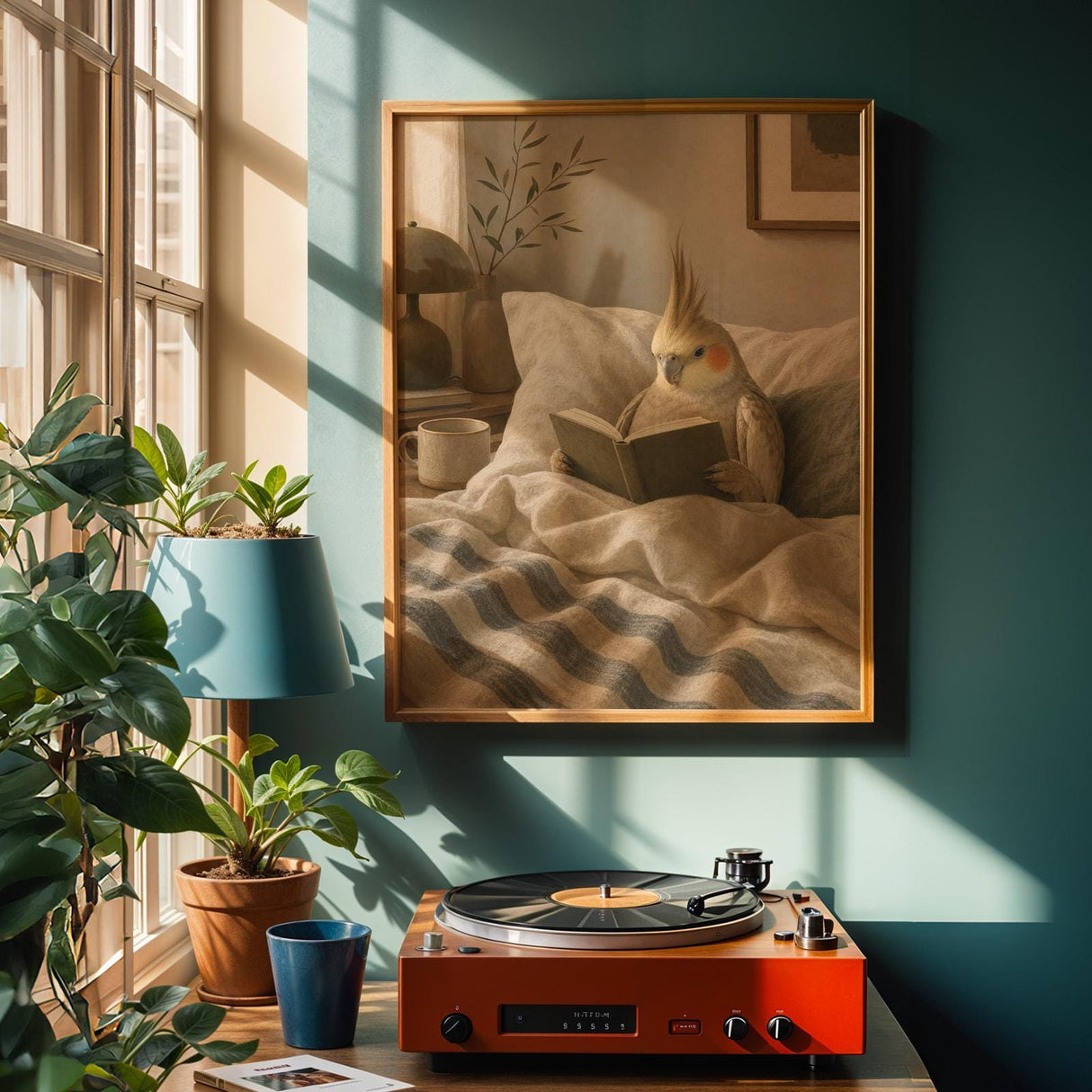 Cinnamon Cockatiel Reading in Bed Poster | Scandinavian Gouache Bird Wall Art | Warm Beige Ivory Decor | Cozy Minimalist Bedroom Print