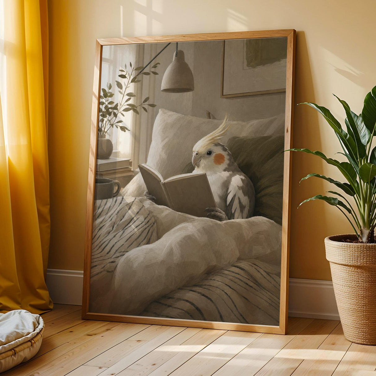 Pied Cockatiel Reading in Bed Poster | Scandinavian Gouache Bird Wall Art | Warm Beige Ivory Decor | Cozy Minimalist Bedroom Print