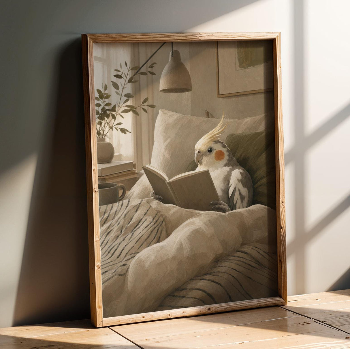 Pied Cockatiel Reading in Bed Poster | Scandinavian Gouache Bird Wall Art | Warm Beige Ivory Decor | Cozy Minimalist Bedroom Print