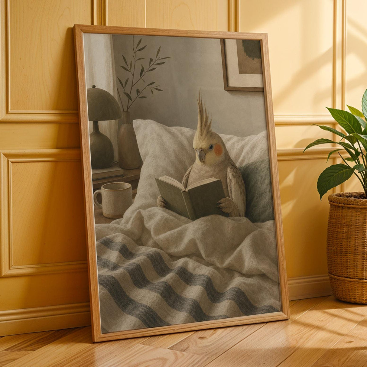 Cinnamon Cockatiel Reading in Bed Poster | Scandinavian Gouache Bird Wall Art | Warm Beige Ivory Decor | Cozy Minimalist Bedroom Print