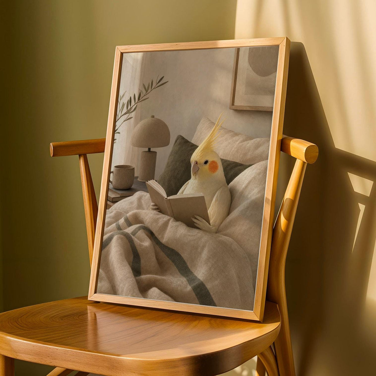 Lutino Cockatiel Reading in Bed Poster | Modern Soft Gouache Bird Wall Art | Warm Beige Oat Milk Decor | Cozy Minimalist Bedroom Print