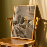 Lutino Cockatiel Reading in Bed Poster | Modern Soft Gouache Bird Wall Art | Warm Beige Oat Milk Decor | Cozy Minimalist Bedroom Print