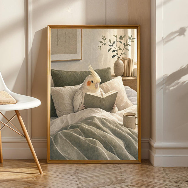 Pearl Cockatiel Reading in Bed Poster | Modern Gouache Bird Wall Art | Warm Beige Soft Ivory Decor | Cozy Minimalist Bedroom Print