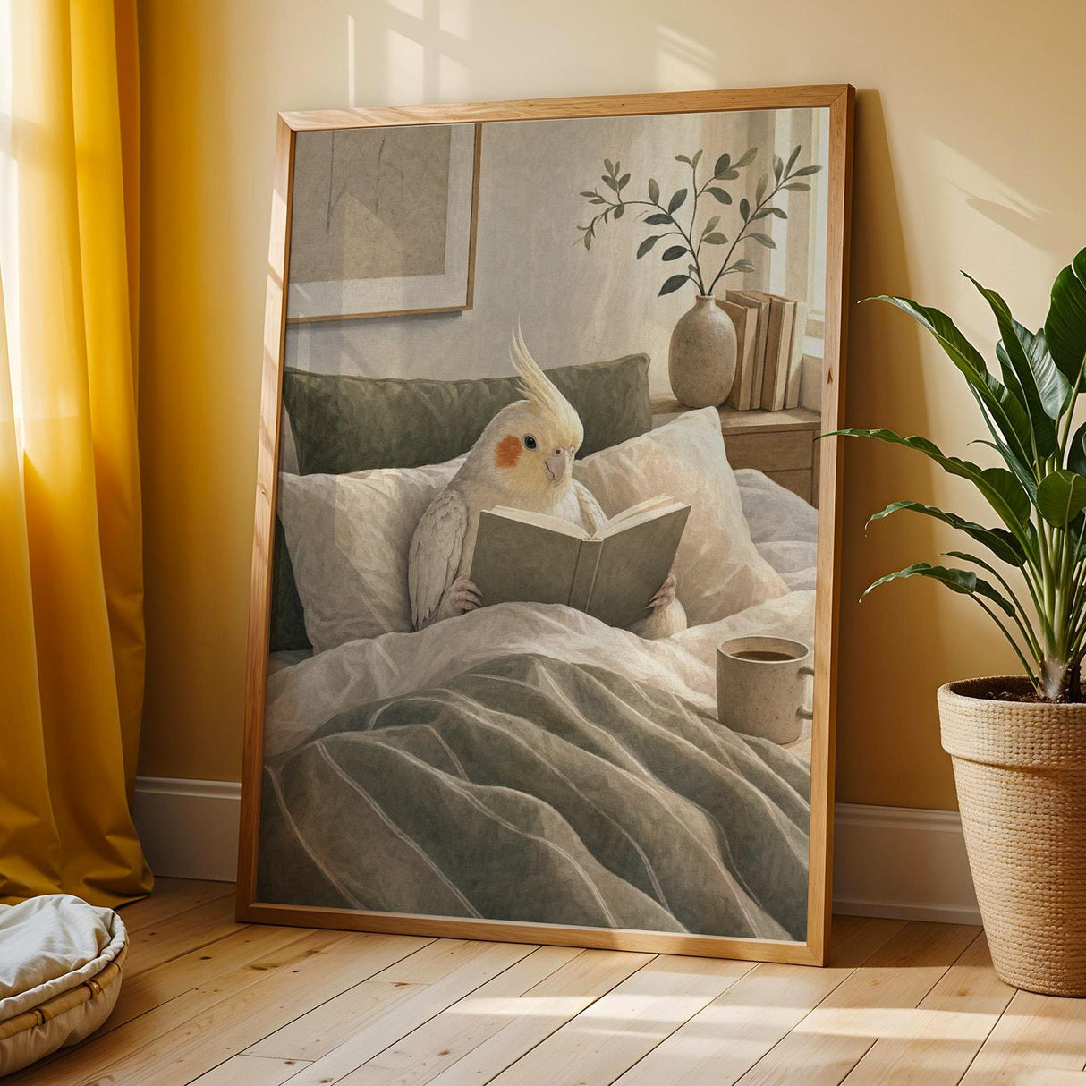 Pearl Cockatiel Reading in Bed Poster | Modern Gouache Bird Wall Art | Warm Beige Soft Ivory Decor | Cozy Minimalist Bedroom Print