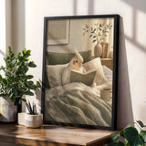 Pearl Cockatiel Reading in Bed Poster | Modern Gouache Bird Wall Art | Warm Beige Soft Ivory Decor | Cozy Minimalist Bedroom Print