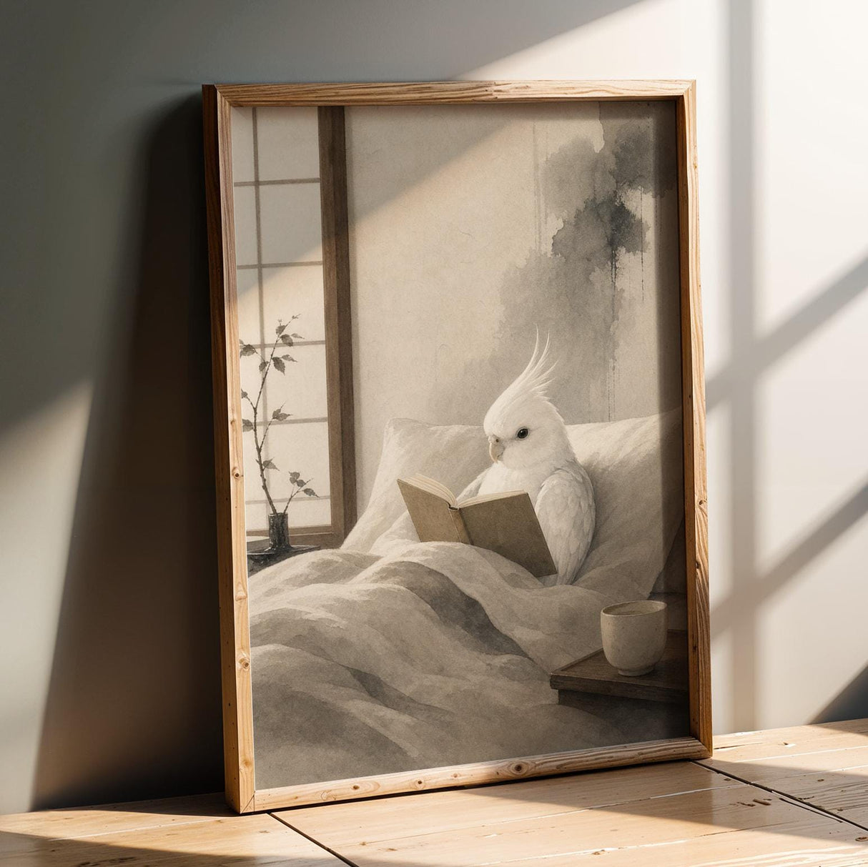 Cockatiel Reading in Bed Poster | Japanese Zen Sumi-e Bird Wall Art | Warm Ivory Fog Gray Decor | Minimalist Reading Nook Print