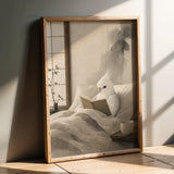Cockatiel Reading in Bed Poster | Japanese Zen Sumi-e Bird Wall Art | Warm Ivory Fog Gray Decor | Minimalist Reading Nook Print