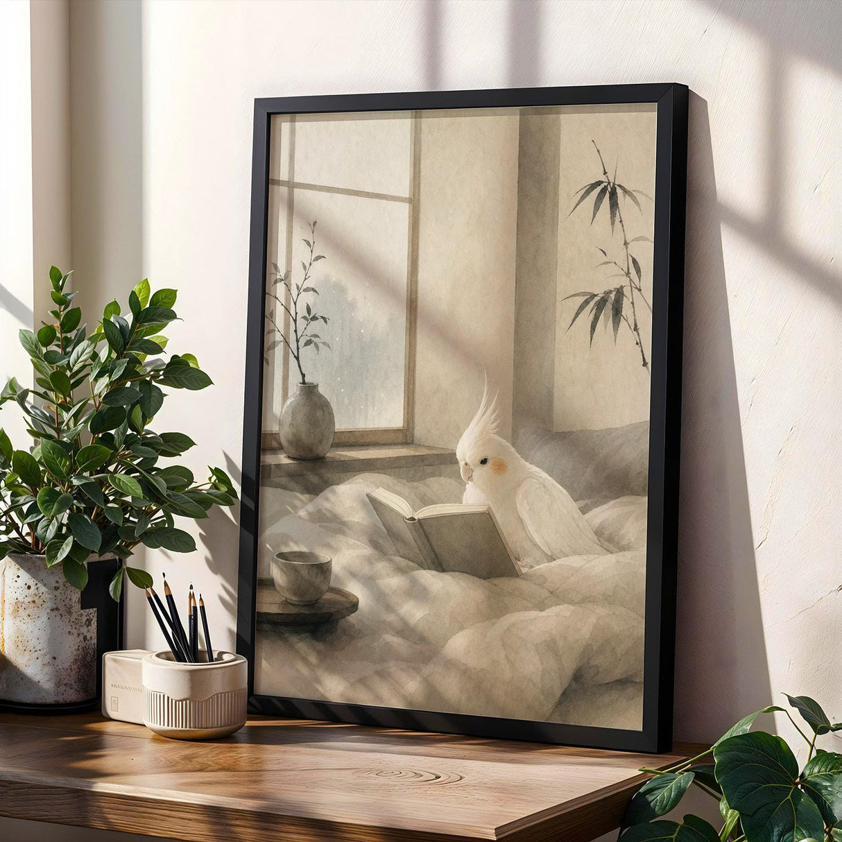 Albino Cockatiel Reading in Bed Poster | Japanese Zen Sumi-e Bird Wall Art | Warm Ivory Fog Gray Decor | Minimalist Bedroom Print