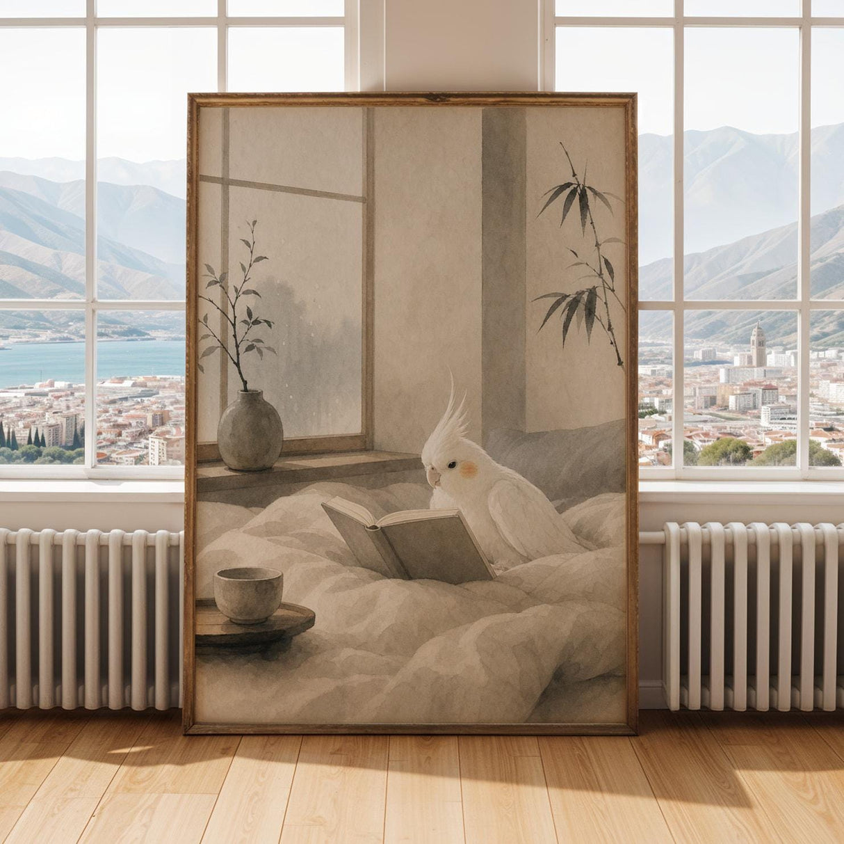 Albino Cockatiel Reading in Bed Poster | Japanese Zen Sumi-e Bird Wall Art | Warm Ivory Fog Gray Decor | Minimalist Bedroom Print