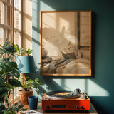 Light Silver Cockatiel Reading in Bed Poster | Japanese Zen Sumi-e Bird Wall Art | Warm Ivory Fog Gray Decor | Minimalist Bedroom Print