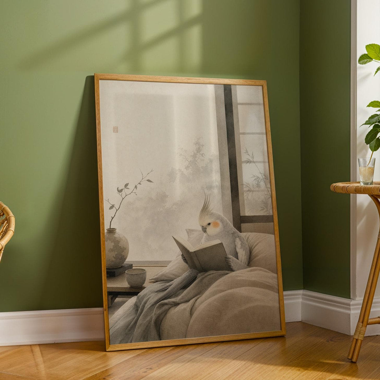 Light Silver Cockatiel Reading in Bed Poster | Japanese Zen Sumi-e Bird Wall Art | Warm Ivory Fog Gray Decor | Minimalist Bedroom Print