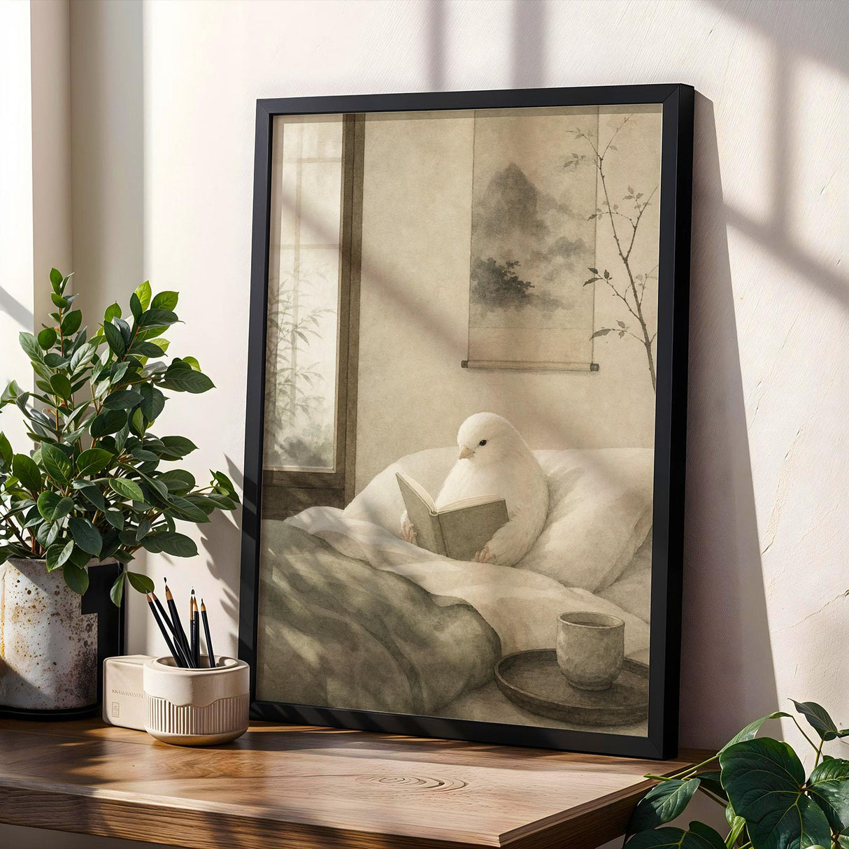 White Gloster Canary Reading in Bed Poster | Japanese Zen Sumi-e Bird Wall Art | Warm Ivory Fog Gray Decor | Minimalist Bedroom Print