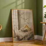 Fife Fancy Canary Reading in Bed Poster | Japanese Zen Ink Wash Bird Wall Art | Warm Ivory Fog Gray Decor | Minimalist Bedroom Print