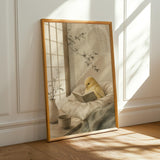 Fife Fancy Canary Reading in Bed Poster | Japanese Zen Ink Wash Bird Wall Art | Warm Ivory Fog Gray Decor | Minimalist Bedroom Print