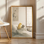 American Singer Canary Reading in Bed Poster | Japanese Zen Sumi-e Bird Wall Art | Warm Ivory Fog Gray Decor | Minimalist Bedroom Print