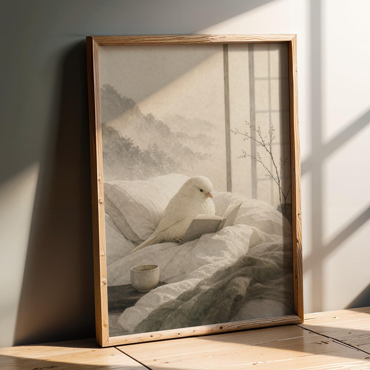 Yorkshire Canary Reading in Bed Poster | Japanese Zen Ink Wash Bird Wall Art | Warm Ivory Fog Gray Decor | Minimalist Bedroom Print