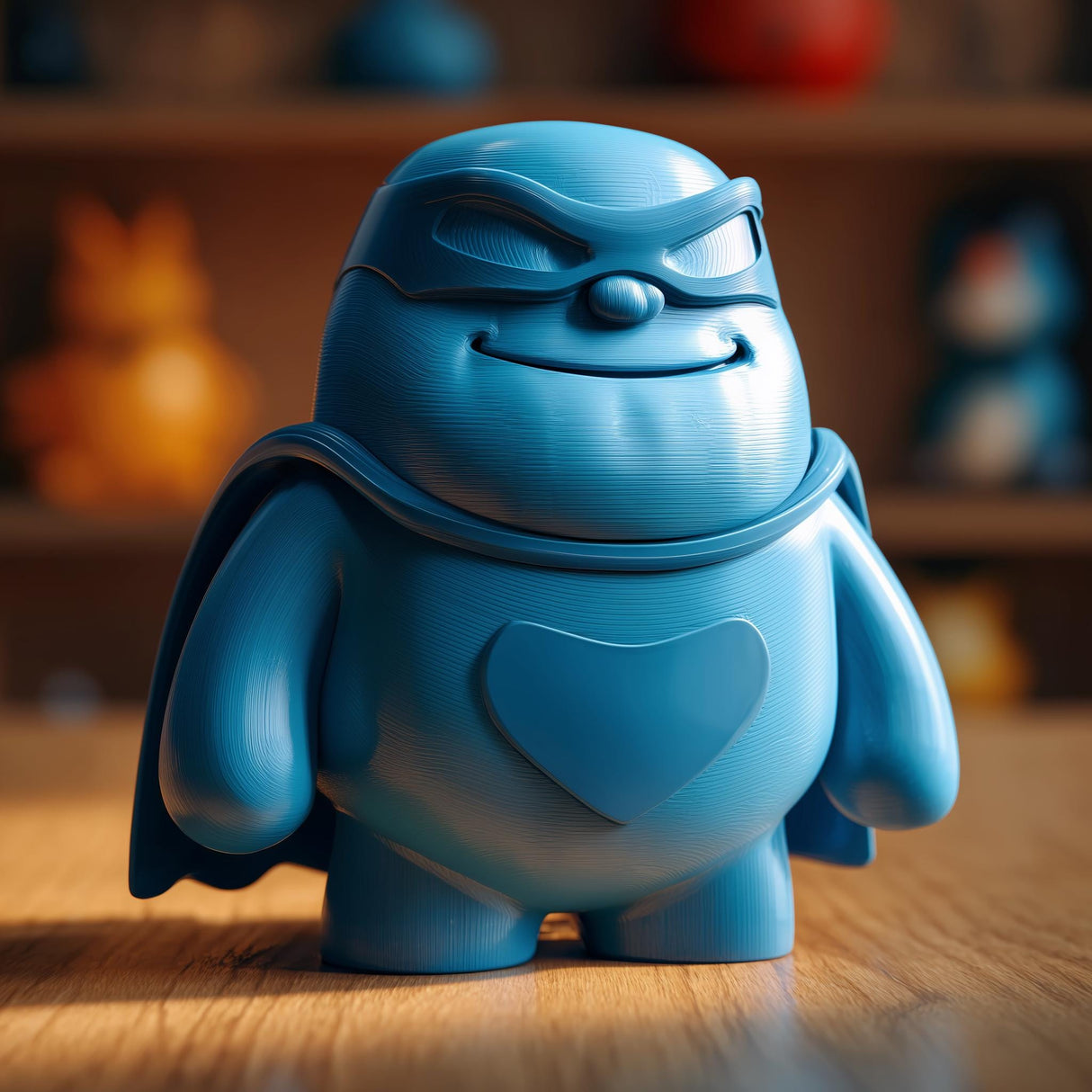 Blue 3D printed superhero pet memorial urn with a cape, heart chest detail, mask, smiling face, and rounded body displayed on a wooden tabletop.