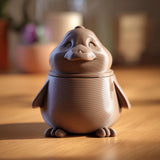 Brown 3D printed duck memorial urn with removable lid, rounded body, small wings, webbed feet, smiling face, and beak displayed on a wooden tabletop.