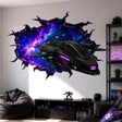 3D broken wall vinyl decal showing a futuristic spaceship flying out of a purple-blue galaxy nebula with neon lighting accents.