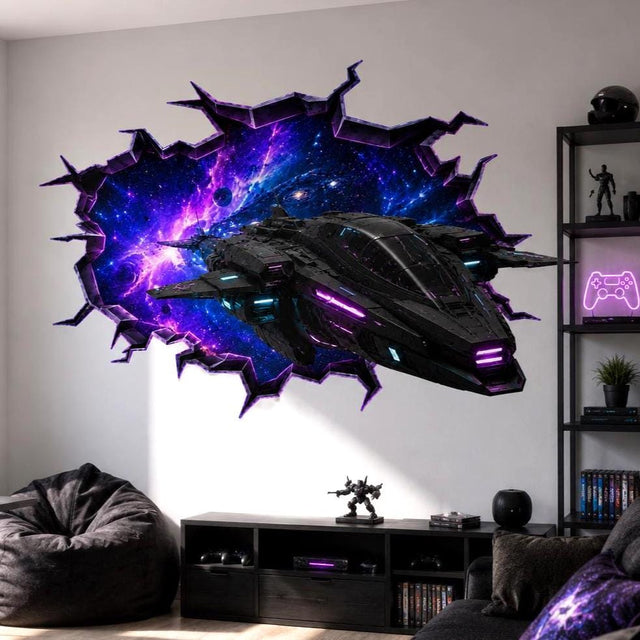 3D broken wall vinyl decal showing a futuristic spaceship flying out of a purple-blue galaxy nebula with neon lighting accents.