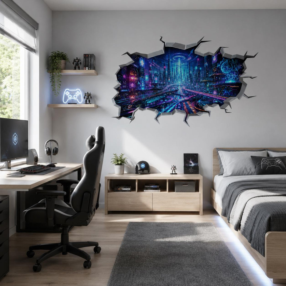 Cyberpunk City Wall Vinyl Decal | Neon Futuristic Broken Wall Illusion Sticker | Gamer Room LED Wall Art | Sci Fi Bedroom Decor