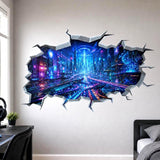 3D broken wall vinyl decal showing a neon cyberpunk city with futuristic highways and blue-purple lights inside a cracked wall opening.