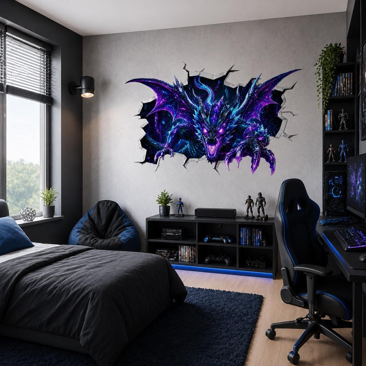 Neon Dragon Wall Decal | 3D Cracked Wall Illusion Sticker | Fantasy Cyber Dragon | Teen Gaming Room Decor
