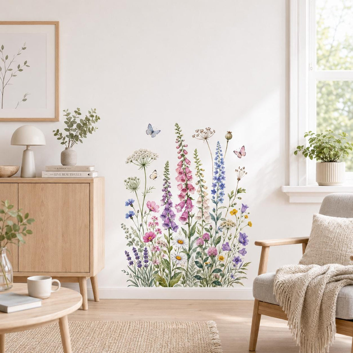 Watercolor Wildflower Meadow Wall Vinyl Decal | Foxglove Delphinium Daisy Sticker | Cottagecore Nursery Wall Art | Boho Floral Decor