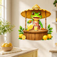 Bright green cartoon frog in a striped apron serving lemonade from a wooden stand with a straw canopy, pitcher, glass, lemons, and green leaves.