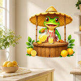 Bright green cartoon frog in a striped apron serving lemonade from a wooden stand with a straw canopy, pitcher, glass, lemons, and green leaves.