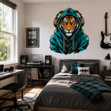 Tiger in Hoodie Wall Vinyl Decal | Gamer Tiger Headphones Sticker | Urban Animal Wall Art | Teen Bedroom Gaming Room Decor
