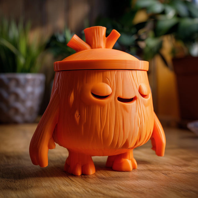 3D printed cute goblincore woodland memorial urn with tree stump character design and removable lid displayed on a wooden table.