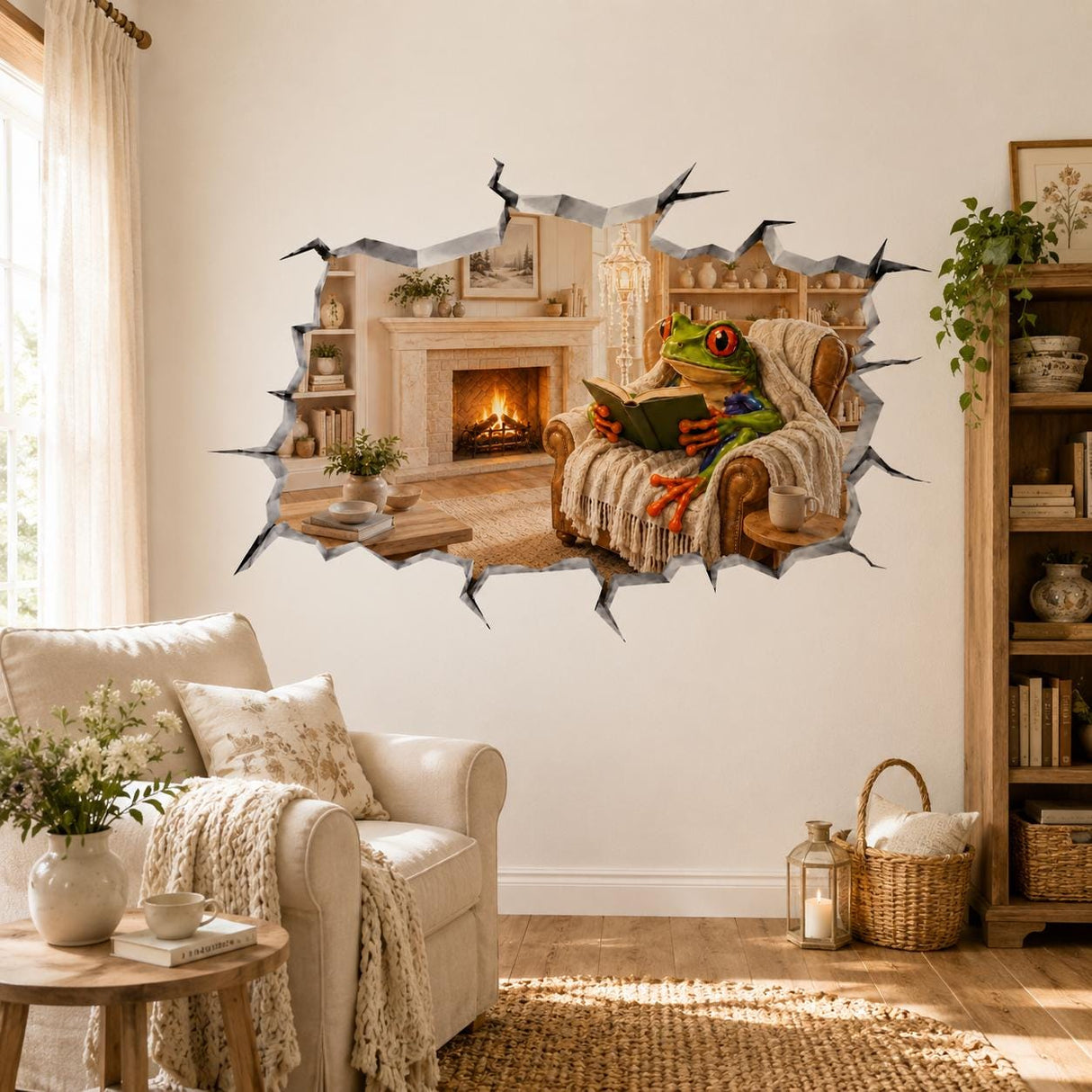 Weird Reading Frog Wall Vinyl Decal | 3D Broken Wall Illusion Sticker | Cozy Fireplace Frog Wall Art | Funny Book Lover Room Decor
