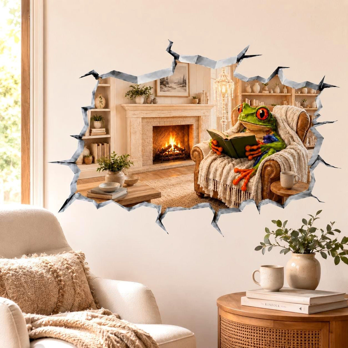 3D broken wall vinyl decal showing a weird green frog sitting in a cozy armchair by a fireplace, wrapped in a blanket and reading a book.