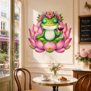 Weird green frog wall vinyl decal sitting in meditation on a large pink lotus flower.