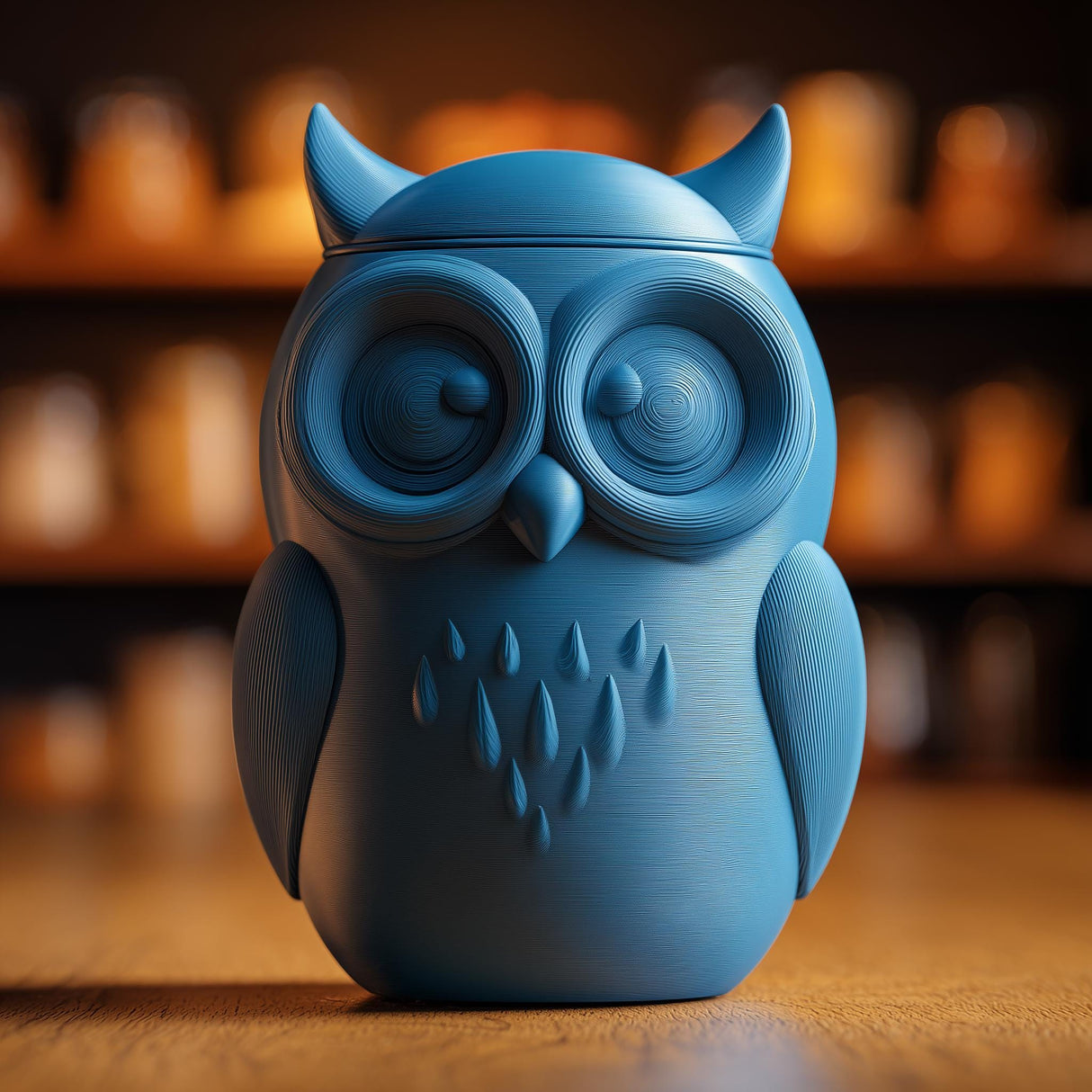 3D printed owl memorial urn with removable lid, large stylized eyes, and feather details displayed on a wooden tabletop in warm lighting.