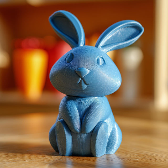 3D printed bunny memorial urn with removable lid displayed on a wooden table in warm indoor lighting.