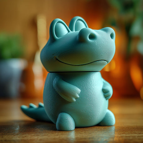 Teal 3D printed alligator memorial urn with removable lid, rounded body, smiling face, raised eyes, small arms, feet, and tail on a wooden tabletop.