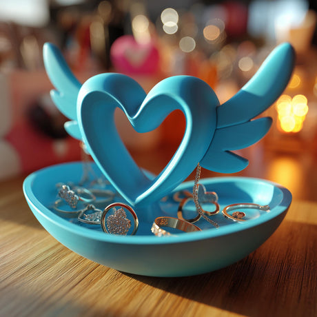 Heart-shaped jewelry organizer with wing details and an open tray base holding rings and small jewelry on a wooden surface with warm blurred lights in the background.