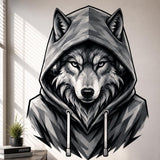 Black, white, and gray illustration of a serious wolf wearing a faceted hooded sweatshirt, with pointed ears, pale eyes, detailed fur, and long drawstrings.