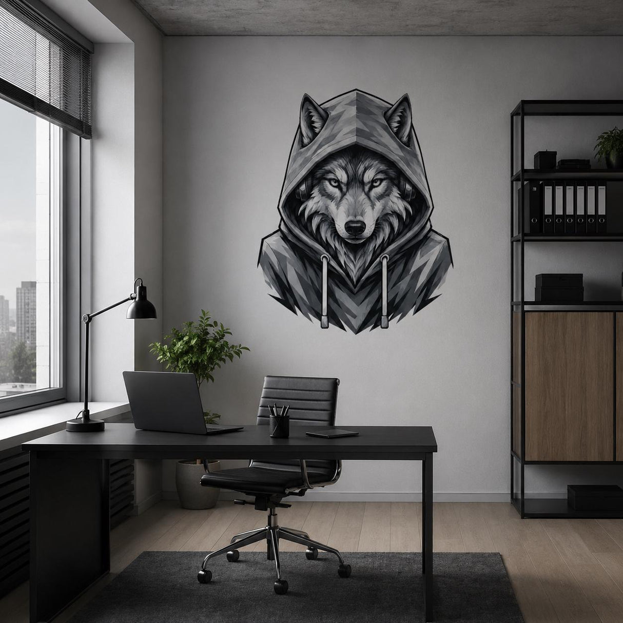 Wolf in Hoodie Wall Vinyl Decal | Black and White Urban Animal Sticker | Teen Bedroom Wall Art | Gamer Room Streetwear Decor | Modern Accent