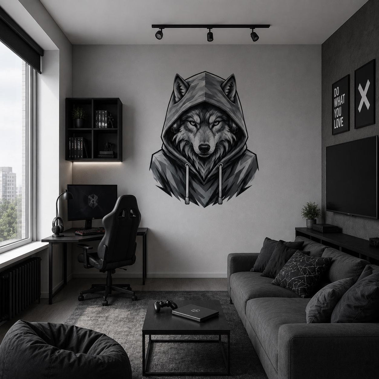 Wolf in Hoodie Wall Vinyl Decal | Black and White Urban Animal Sticker | Teen Bedroom Wall Art | Gamer Room Streetwear Decor | Modern Accent