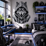 Wolf in Hoodie Wall Vinyl Decal | Black and White Urban Animal Sticker | Teen Bedroom Wall Art | Gamer Room Streetwear Decor | Modern Accent